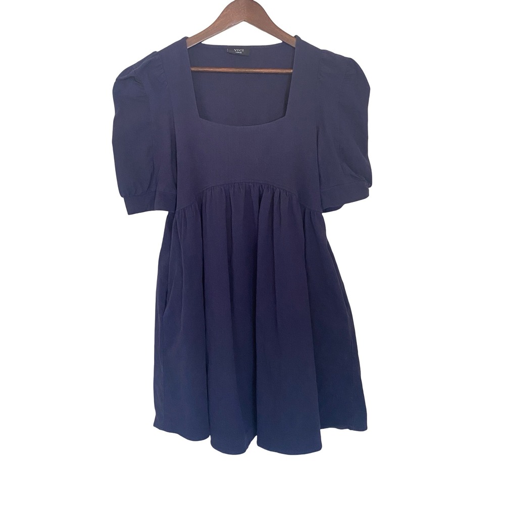 VICI Square Neck Babydoll Women Dress Large Navy Blue Puff Sleeve Mini